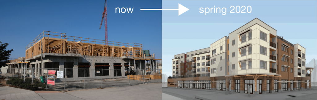 Two side-by-side images show FIN's Food Hall building under construction now, and a rendering of how the building will look when completed in 2020. 