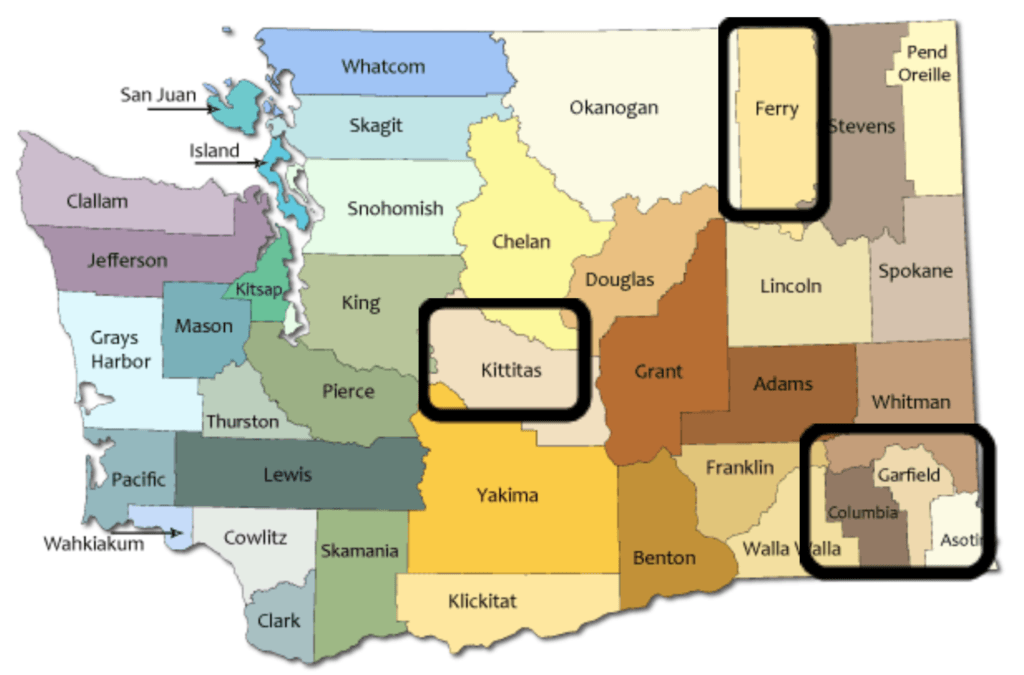 Washington State map highlights communities that partnered with Global to Local on the BRIDGES project